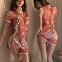 Sexy Lace Cheongsam-Inspired Sleep Set for Small Busts – Sheer Open-Crotch Seductive Lingerie Dress thumbnail