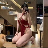 Sexy Lace Cheongsam Lingerie Set - High-Waist Cut-Out Halter Dress with Side Slit, Seductive Costume Outfit for Adults thumbnail
