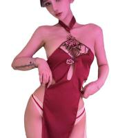 Sexy Lace Cheongsam Lingerie Set - High-Waist Cut-Out Halter Dress with Side Slit, Seductive Costume Outfit for Adults thumbnail