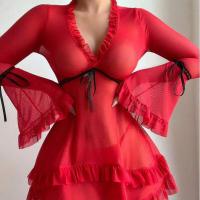 Sexy Lace Lingerie Set for Women – V-Neck Bell Sleeve Mesh Bra & Panty with Picot Trim thumbnail
