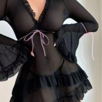 Sexy Lace Lingerie Set for Women – V-Neck Bell Sleeve Mesh Bra & Panty with Picot Trim thumbnail