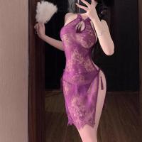 Sexy Lace Sheer High-Waist Split Cheongsam Sleepwear Set - Erotic Vintage-Inspired Women's Lingerie Outfit thumbnail