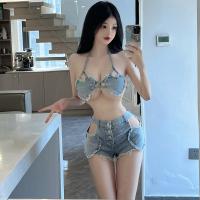 Sexy Lace-Trimmed Denim Short Set - Seductive No-Remove Bedroom Outfit for Women thumbnail