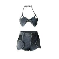 Sexy Lace-Trimmed Denim Short Set - Seductive No-Remove Bedroom Outfit for Women thumbnail