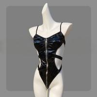 Sexy Latex-Style Backless Bodysuit Set - Provocative Role Play Outfit with Push-Up & Zipper Detail thumbnail