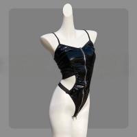 Sexy Latex-Style Backless Bodysuit Set - Provocative Role Play Outfit with Push-Up & Zipper Detail thumbnail