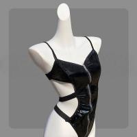 Sexy Latex-Style Backless Bodysuit Set - Provocative Role Play Outfit with Push-Up & Zipper Detail thumbnail