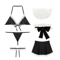 Sexy Lingerie Sleep Dress with Halter Neck Bow & Lace Trim - Maid Costume Set for Women thumbnail