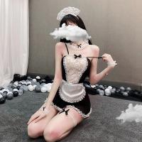 Sexy Maid Costume Set - Transparent Lingerie Sleepwear for Women, Seductive Roleplay Outfit with Sheer Mesh & Lace thumbnail