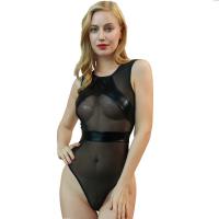 Sexy Mesh Lace Bodysuit with Back Zipper - Sheer Satin & Patent Leather Shapewear Nightclub Outfit thumbnail