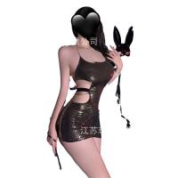 Sexy Nightclub Lingerie Set – Shiny Vinyl Halter Backless Bodycon Mini Skirt Outfit for Women thumbnail
