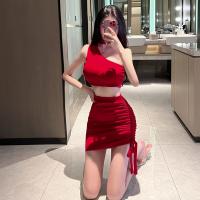 Sexy Nightclub Queen Outfit - Off-Shoulder Top & Drawstring Pencil Skirt Set for Bold Women thumbnail