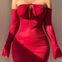 Sexy Off-Shoulder Backless Bodycon Dress with Ruffled Tie-Straps & Flared Sleeves thumbnail