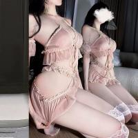 Sexy Pink Maid Costume Set - Pearl-Embellished Strapless Bodycon Sleep Dress & Lingerie Outfit thumbnail