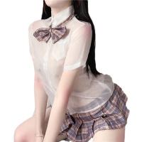 Sexy Plaid Short Skirt Shirt Set - Sheer Seductive Schoolgirl Uniform with Bow Tie & Pleated JK Dress thumbnail