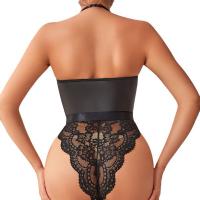 Sexy PU Lace Deep V Neck Bodysuit -European and American-Style Zipper Hook-and-Loop Bondage Lingerie Set for Women thumbnail