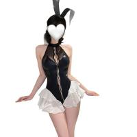 Sexy PVC Lace Bunny Costume - Mesh Rabbit Girl Bodysuit with Ties, Open-Front Latex-Inspired Erotic Outfit thumbnail