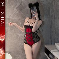 Sexy Red Lace Bodysuit Set - Sheer Vintage-Themed Costume with Ties & Strap Details for New Year Eve thumbnail