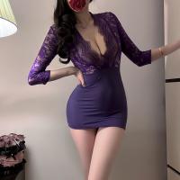 Sexy Secretary Bodysuit Dress - Deep V Lace Sheer Mesh Cutout Mini Dress for Women thumbnail