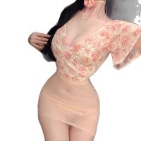 Sexy Sheer Deep V Floral Lace High-Waist Bodycon Dress Set - Seductive Lingerie Outfit for Women thumbnail