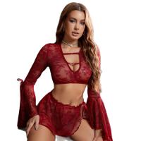 Sexy Sheer Lingerie Set - Pure Temptation Deep V Lace Sleepwear with Detachable Ties & Flared Sleeves thumbnail