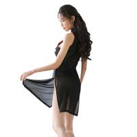 Sexy Sheer Lingerie Set - Vintage Rose-Embellished Slit Cheongsam Costume for Small Bust, Nightclub Outfit thumbnail