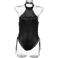 Sexy Side-Tie Halter Backless Leather Bodysuit - Sleek PU Leather One-Piece Swimwear for Women thumbnail