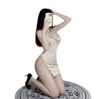 Sexy Strap Sleepwear Set - Deep V Plunge Sheath Dress with Sparkling Side Slit, Secretary Costume Outfit thumbnail
