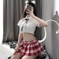 Sexy Student Role Play Outfit - Split-Style Pleated Skirt & Top Set for Small Bust, Flirty Lingerie Costume thumbnail