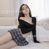 Sexy Student Uniform Set - JK Style Plaid Mini Skirt & Low-Neck Sweater Outfit for Adults thumbnail