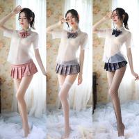 Sexy Student Uniform Set: Sheer Shirt, Bow Top & Plaid Pleated Skirt - SuoQing Lingerie thumbnail