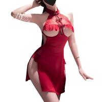 Sexy Vintage Sheer Cheongsam Lingerie Set for Women – Retro Lace Backless Costume Outfit with Ties thumbnail