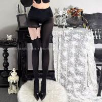 Silky Black Oil-Shine Lace Stockings - Ultra-Thin Seamless Thigh Highs with Garter Belt thumbnail