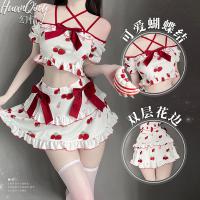 Strawberry Print Lingerie Set - Cute Cross-Strap Sleepwear with Bow Detail, Sexy Yet Playful Student-Style Outfit thumbnail