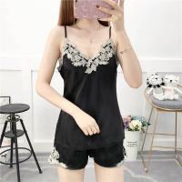 Summer Embroidered Lace Women's Silk-Look Cami Shorts Two-Piece Sleepwear Set for Home & Lounging thumbnail