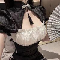 Suoqing Vintage Sexy Lingerie Set - Retro Qipao with High Slit & Puff Sleeves, No-Remove Design thumbnail