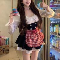 Sweet Maid Outfit for Women - Spring Autumn Plaid Apron Dress Two-Piece Set with Bow & Waist-Cinching Petticoat thumbnail