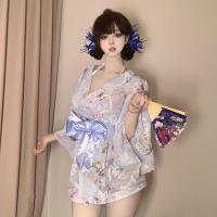 Sweet & Seductive Yukata Robe - Floral Print Satin-Trimmed Cosplay Bathrobe with Bow Detail & Embroidery thumbnail