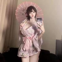 Sweet & Seductive Yukata Robe - Floral Print Satin-Trimmed Cosplay Bathrobe with Bow Detail & Embroidery thumbnail