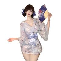 Sweet & Seductive Yukata Robe - Floral Print Satin-Trimmed Cosplay Bathrobe with Bow Detail & Embroidery thumbnail