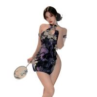 TaoNaiEr Sensual Silk Velvet Qipao Lingerie - Purple Floral Chinese-Inspired Seductive High-Slit Open-Cup Nightwear thumbnail