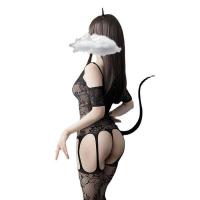 Transparent Lace Bodysuit with Open-Crotch Design - Seductive Sheer Mesh One-Piece Outfit with Matching Thigh-High Stock thumbnail
