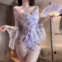 Vacation-Style Sheer Kimono Robe with Butterfly Print – Flirty Lace-Up Sleepwear & Lingerie Set for Women thumbnail