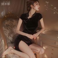 Velvet Qipao Lingerie Set for Women - Sexy Pure-Delight Sleep Dress with Mandarin Collar & Frog Closures thumbnail