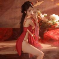 Vintage Chinese Court-Style Lingerie Set – Peony & Hanfu-Inspired Silk Robe with Veil and Sheer Tang Dynasty Skirt thumbnail