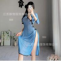Vintage Chinese-Inspired Lingerie Set – Sheer Silk-Blend Cheongsam-Style Nightwear with Side-Slit Skirt & Embroidered Do thumbnail