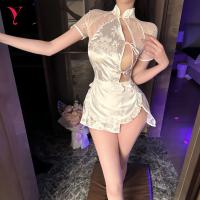 Vintage Chinese-Inspired Sexy Sleepwear Set – Tight-Fit Cheongsam Nightgown with Lace & High Slit for Bold, Alluring Sty thumbnail