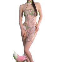 Vintage Chinese Style Lace Belly Dance Bodice Set - Seductive Sheer Silk Qipao Costume for Role Play & Cosplay thumbnail