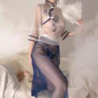 Vintage Chinese Lace Cheongsam Lingerie Set - Sheer Mesh Retro Hanfu-Inspired Erotic Costume for Women thumbnail