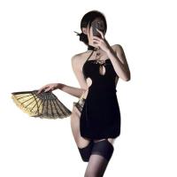 Vintage Floral Embroidered Cheongsam Lingerie Set - Retro Qipao Sleepwear with High Slit & Halter Neck thumbnail